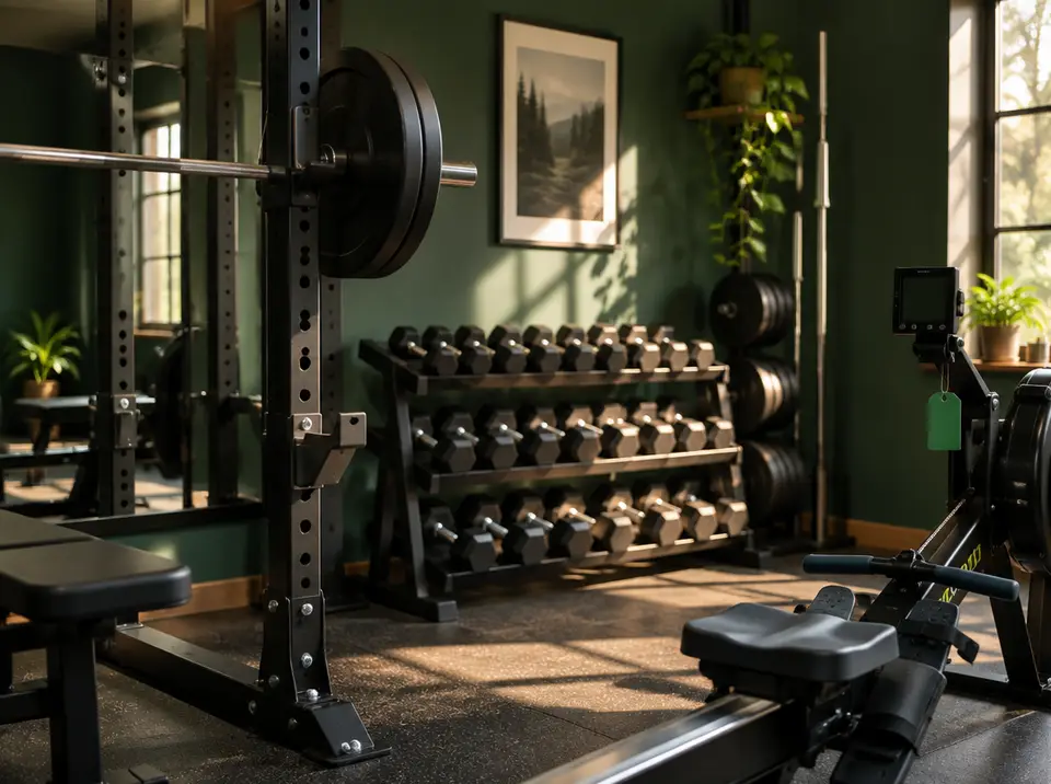 A tidy gym equipment area with a squat rack, dumbbells and a rowing machine