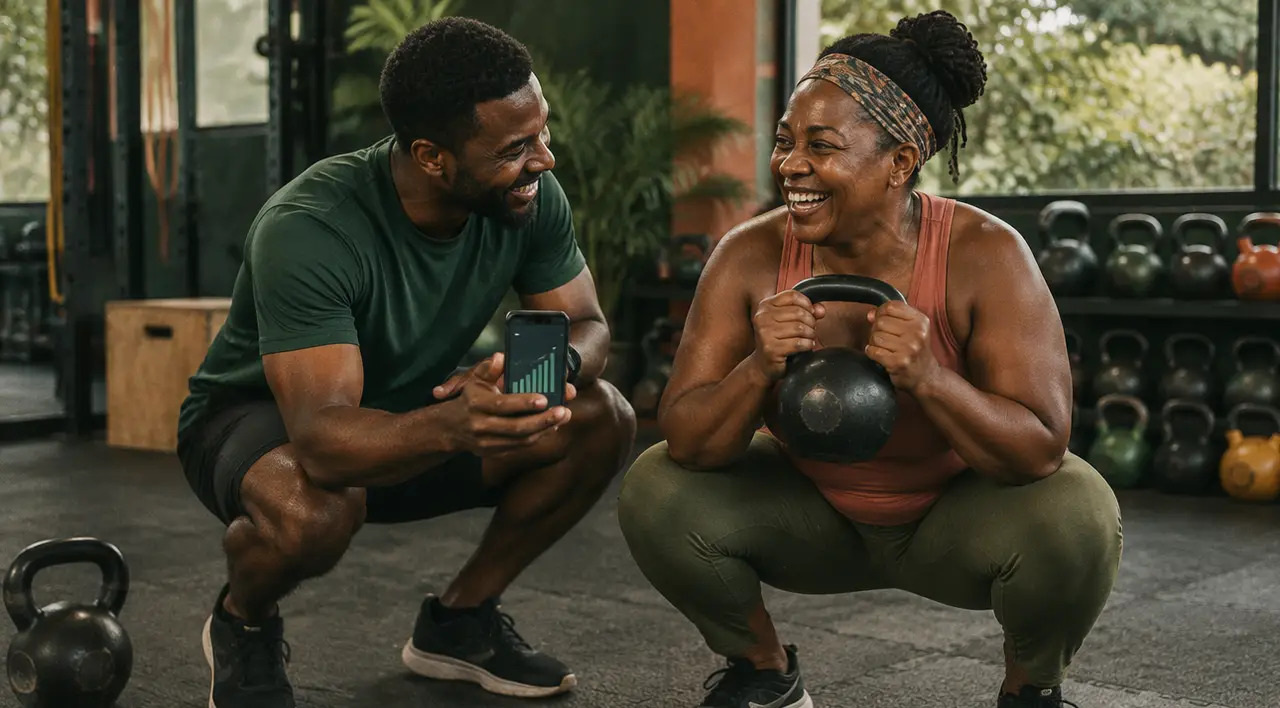 A personal trainer coaching a woman through a squat, both laughing