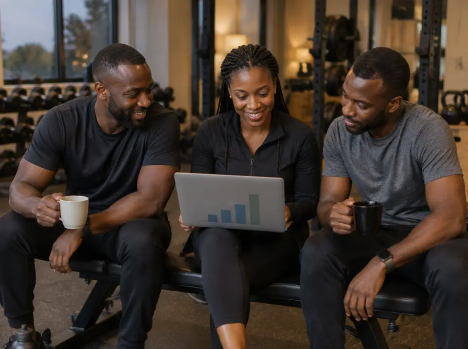Three gym partners reviewing numbers on a laptop after hours