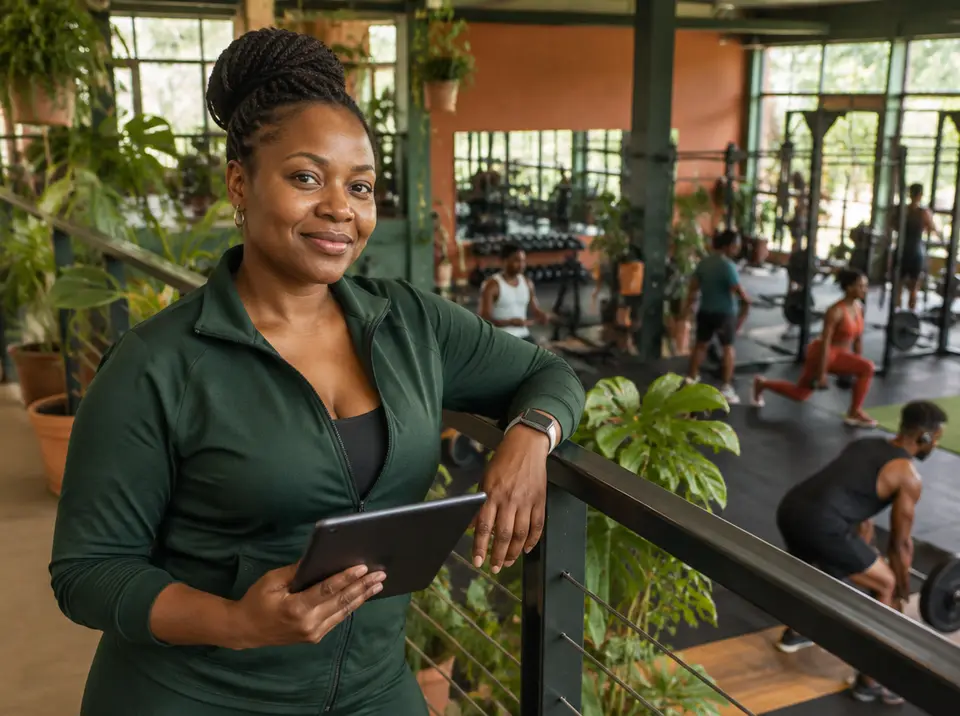 A gym owner leaning on a railing above her busy gym floor, tablet in hand