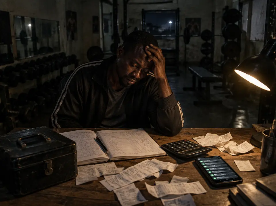 A tired gym owner late at night over a desk of paper receipts, a notebook and a phone full of payment messages